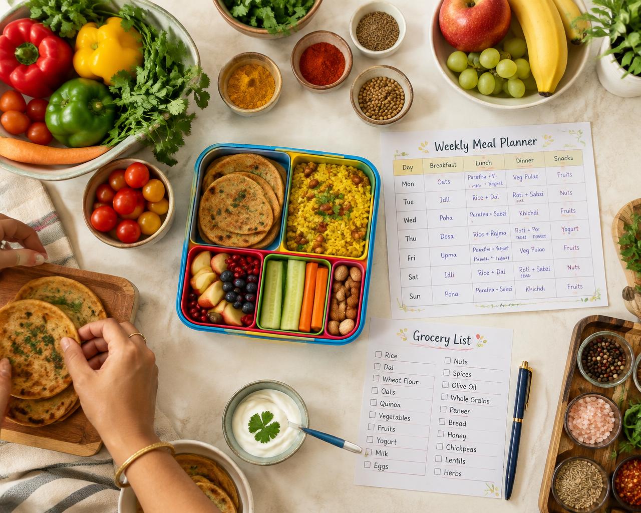 Indian lunchbox with weekly planner and grocery list