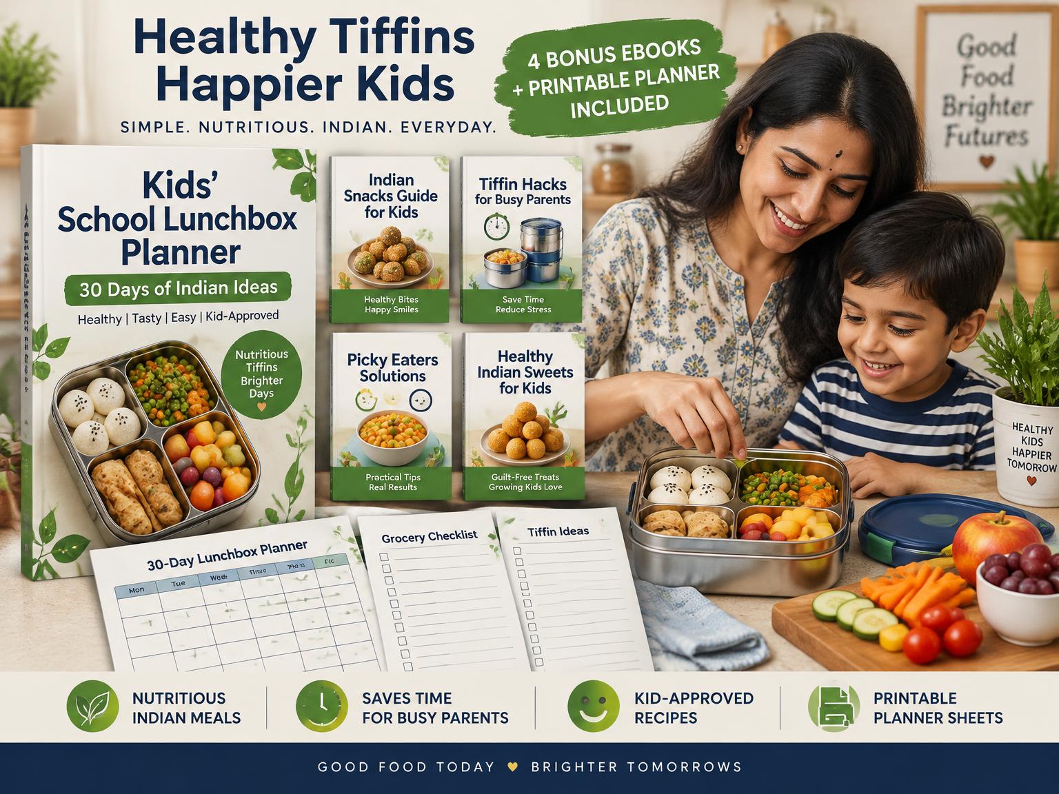 TiffinNest lunchbox planner bundle with mother and child packing a tiffin
